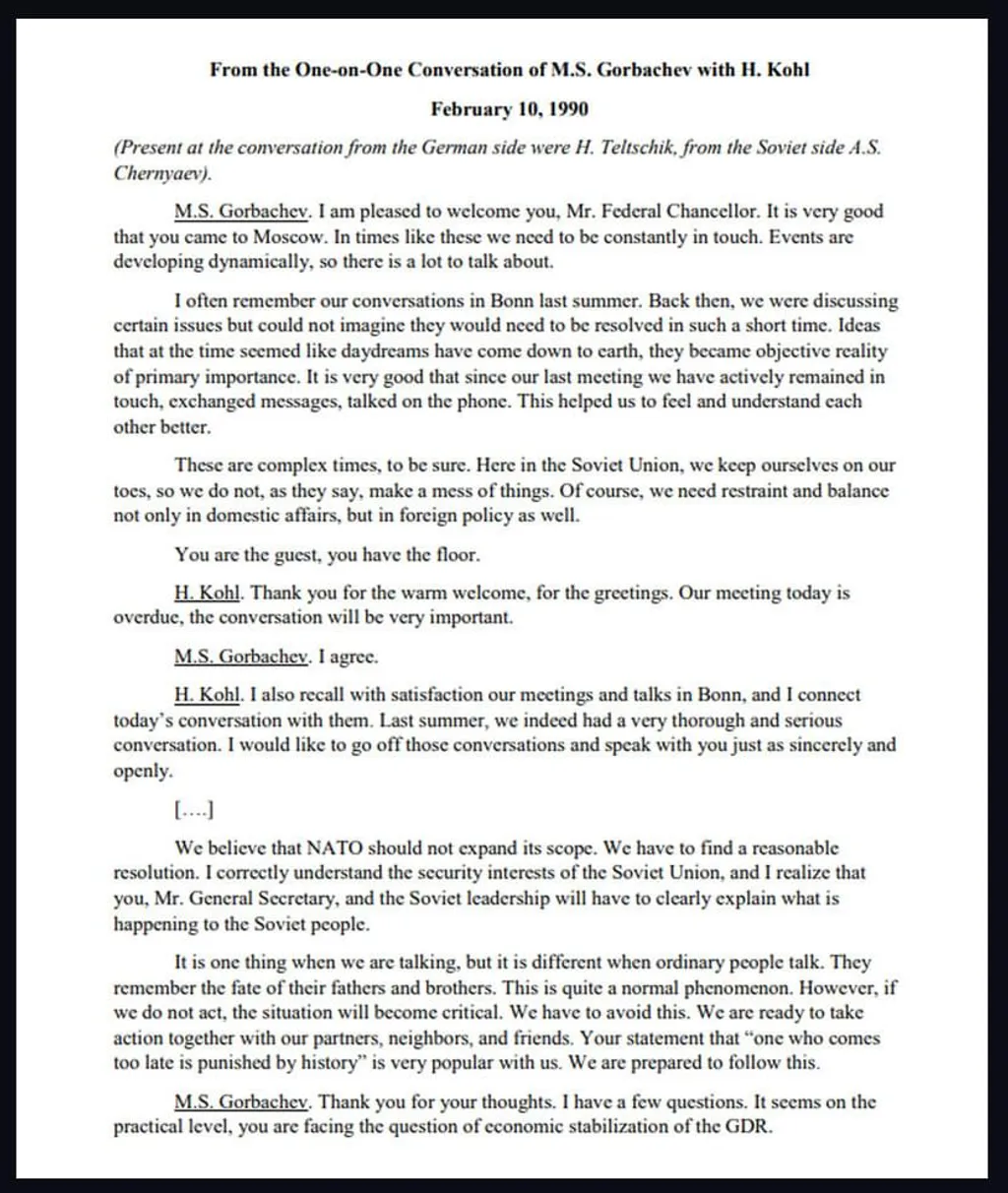 ഗോർബച്ചേവും ജർമനിയിലെ മുൻ ഫെഡറൽ ചാൻസലർ ഹെൽമ്യുട്ട് കൊഹലും തമ്മിൽ 1990 ഫെബ്രുവരി 10 നു മോസ്‌കോയിൽ നടത്തിയ ചർച്ചയുടെ ഡീ ക്ലാസിഫൈ ചെയ്ത മെമ്മോറാണ്ടം