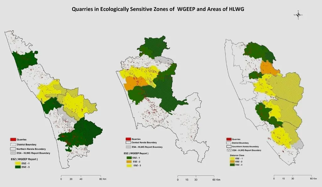 വടക്കൻ കേരളം, മധ്യ കേരളം, തെക്കൻ കേരളം എന്നിവിടങ്ങളിൽ പശ്ചിമഘട്ട പരിസ്ഥിതി വിദഗ്ധ പാനലും (WGEEP), കസ്തൂരിരംഗൻ സമിതിയും (HLWG) പരിസ്ഥിതി ലോല പ്രദേശങ്ങളായി രേഖപ്പെടുത്തിയ സ്ഥലങ്ങളിലെ ക്വാറി പ്രവർത്തനത്തെ സൂചിപ്പിക്കുന്ന ഭൂപടം