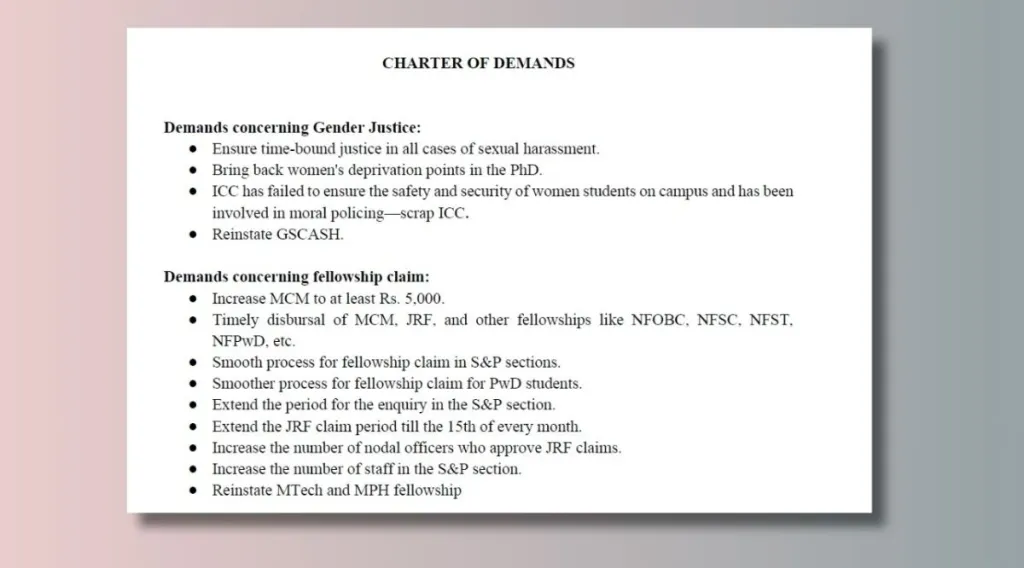 വിവിധ ആവശ്യങ്ങളുന്നയിച്ച് ജെ.എൻ.യു സ്റ്റുഡന്റ്‌സ് യൂണിയൻ, ചാർട്ടേഴ്‌സ് ഓഫ് ഡിമാൻഡ് എന്ന പേരിൽ വൈസ് ചാൻസലർ ശാന്തിശ്രീ ഡി പണ്ഡിറ്റിന് അവകാശപ്പത്രിക സമർപ്പിച്ചത് കഴിഞ്ഞ ഏപ്രിലിലാണ്.
