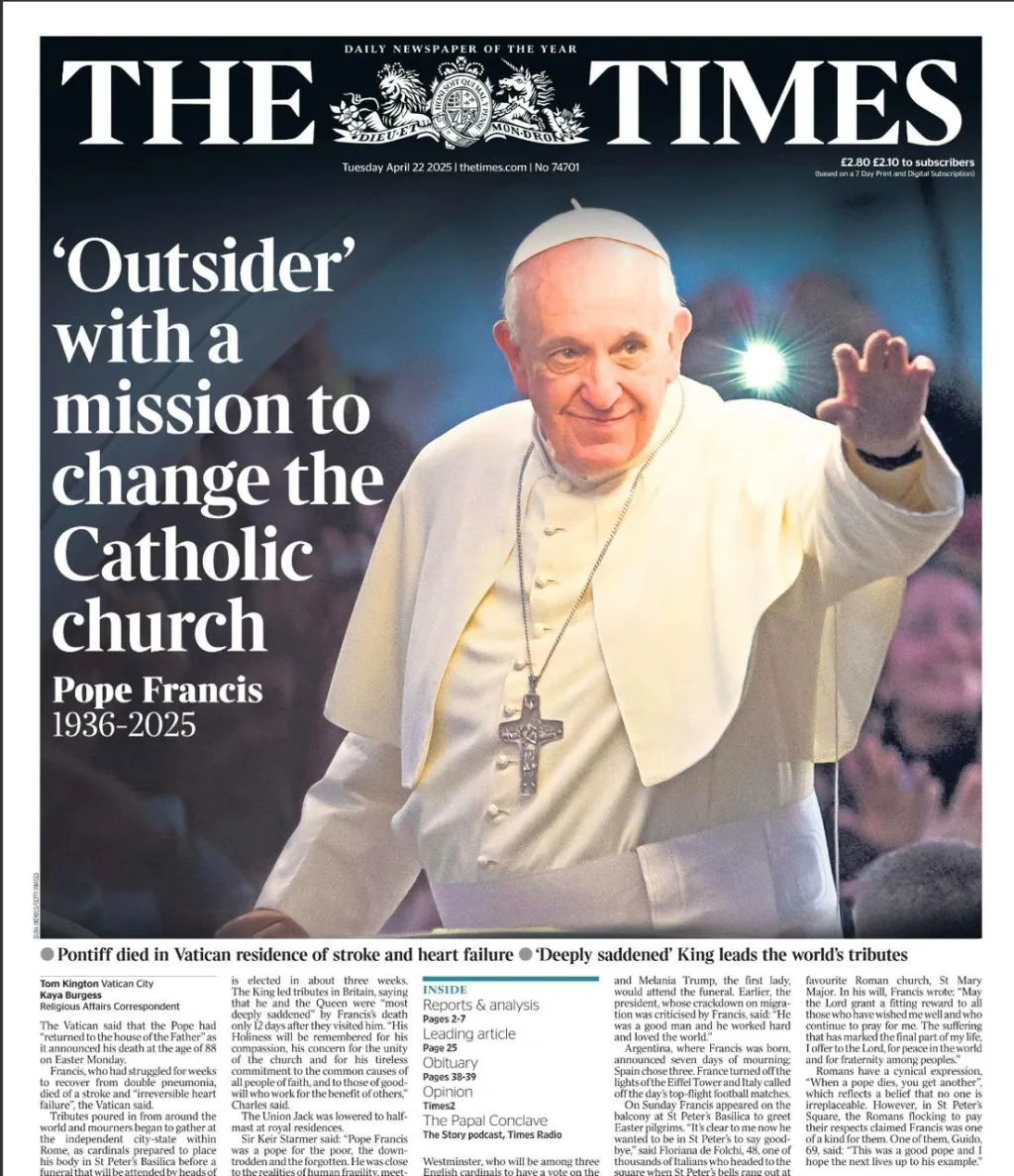 പോപ്പ് ഫ്രാൻ‌സിസിന്റെ മരണവാർത്ത  റിപ്പോർട്ട്‌ ചെയ്ത ദി ടൈംസിന്റെ ആദ്യ പേജ്