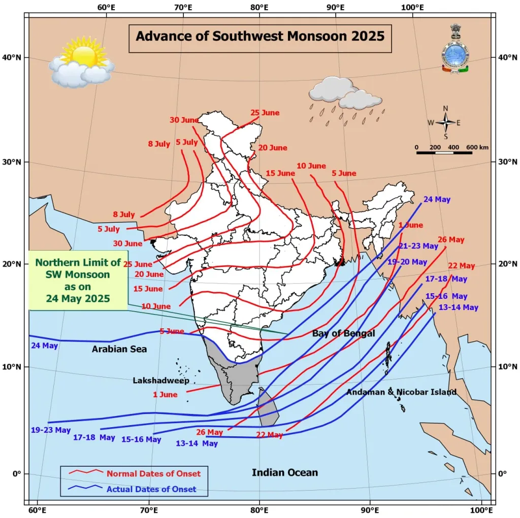 കന്യാകുമാരിയിൽ മെയ് 23ന് എത്തിയ മൺസൂൺ മെയ് 24 ആവുമ്പോഴേക്ക് ഗോവ, മഹാരാഷ്ട്ര വരെയെത്തി. സാധാരണ പത്തോ പന്ത്രണ്ടോ ദിവസമെടുത്താണ് മൺസൂണിന്റെ ഭാഗമായിട്ടുള്ള മേഘങ്ങൾ വടക്കോട്ട് നീങ്ങുന്നത്. 