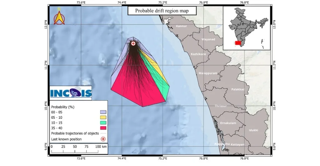 Probable drift areas of overboard containers, persons, debris
Source: The Indian National Centre for Ocean Information Services (INCOIS)