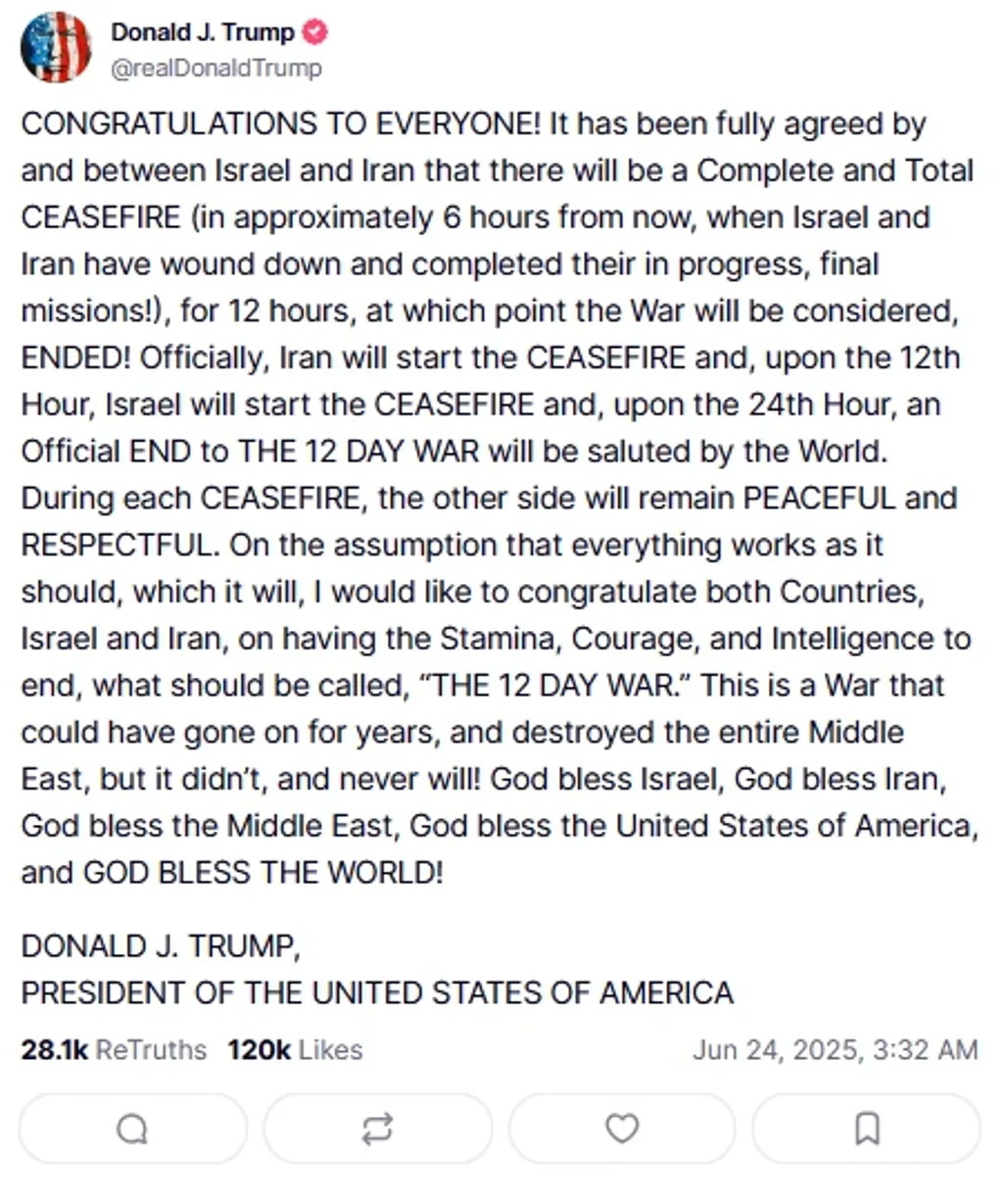 അമേരിക്കൻ പ്രസിഡൻറ് ഡോണൾഡ് ട്രംപ് എക്സിൽ പങ്കുവച്ച പോസ്റ്റ് 