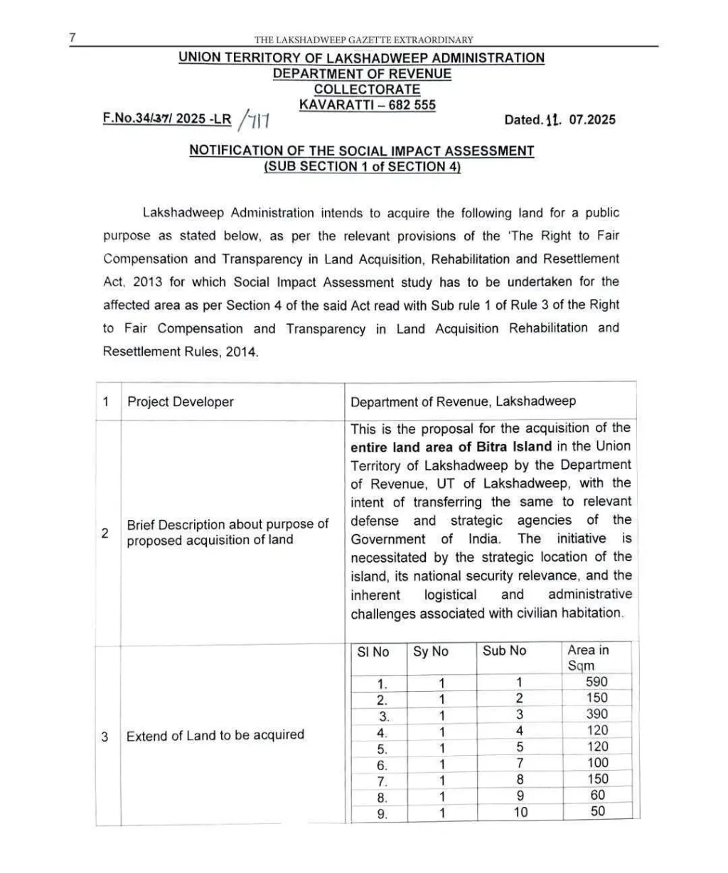 ബിത്ര ദ്വീപ് ഏറ്റെടുക്കൽ നടപടി വിശദീകരിച്ച് ജൂലൈ 11 ന് ലക്ഷദ്വീപ് റവന്യൂവകുപ്പ് പുറത്തിറക്കിയ വിജ്ഞാപനം.