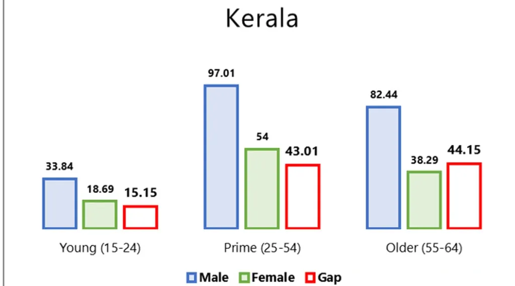 വയസ്സനുസരിച്ചുള്ള തൊഴിൽ ശക്തി വർഗ്ഗീകരണം- കേരളത്തിൽ   Source: PLFS data (2024)