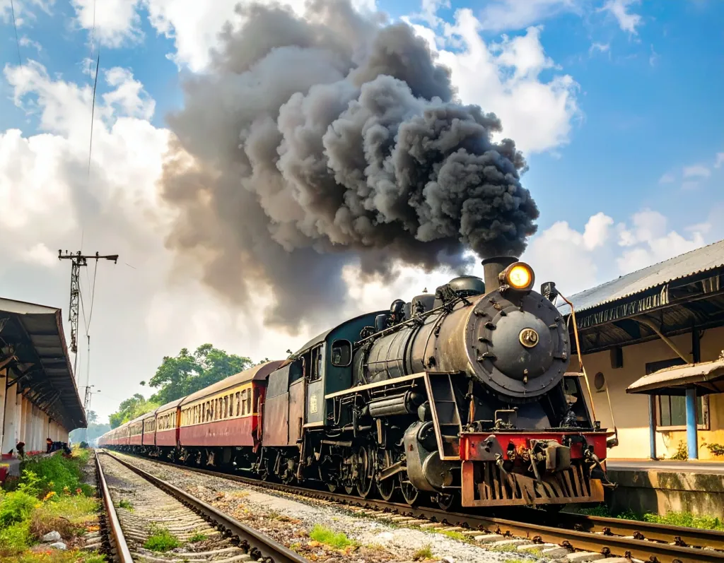 പാളങ്ങൾ കുലുക്കികൊണ്ട്, കടകട ശബ്ദമുണ്ടാക്കി,  പുകപടർത്തി  ആവിക്കപ്പൽ പോലെ കരിവണ്ടി  പ്ലാറ്റ് ഫോമിൽ വന്നുനിന്നു. 