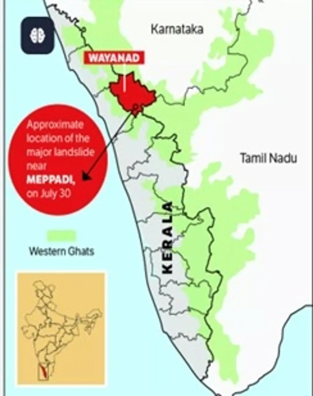 മുണ്ടക്കൈ- ചൂരൽമല ഉരുള്‍പൊട്ടലിന്റെ ആരംഭ മേഖലയുടെ ഭൂപടം.