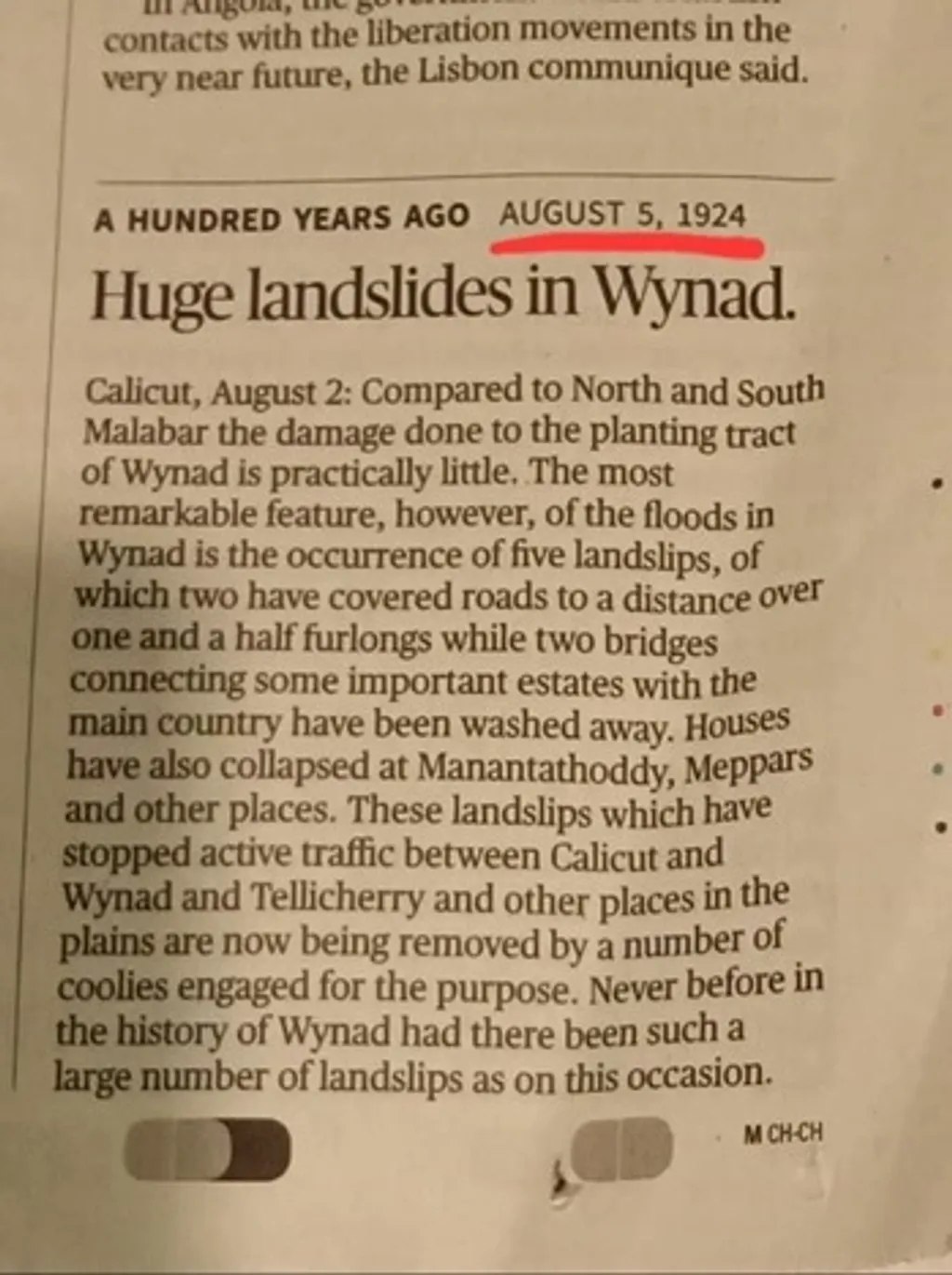 1924 ഓഗസ്റ്റ് 5 ലെ ‘ദ ഹിന്ദു’വിൽ മാനന്തവാടി (മാനന്തത്തൊട്ടി), മേപ്പാടി (മേപ്പാർസ്) എന്നിവിടങ്ങളിലെ മണ്ണിടിച്ചിലിനെക്കുറിച്ച് വന്ന  റിപ്പോർട്ട്.