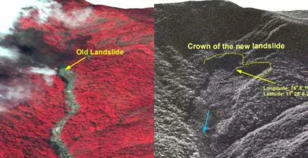 ആഗസ്റ്റ് ഒന്നിന് ISRO-യുടെ നാഷനൽ റിമോട്ട് സെൻസിങ് സെന്റർ പുറത്തിറക്കിയ ഉപഗ്രഹ ചിത്രം. 2024-നുമുമ്പ് മുണ്ടക്കൈ പ്രദേശത്ത് സംഭവിച്ച ഉരുൾപൊട്ടലിന്റെ കൂടുതൽ സൂചനകളാണിതിലുള്ളത്. 86,000 ചതുരശ്ര മീറ്റർ ഭൂമി താഴേക്ക് ഇടിഞ്ഞമർന്നുവെന്നും ആഘാതപ്രദേശത്തിന് സമീപം ഒഴുകുന്ന ചാലിയാർ നദിയുടെ ഒരു പ്രധാന പോഷകനദിയായ ഇരുവഴിഞ്ഞിപ്പുഴയുടെ ഗതിയിലൂടെ മുകൾത്തട്ടിൽ നിന്നുള്ള മണ്ണും പാറക്കഷണങ്ങളും ഏകദേശം 8 കിലോമീറ്റർ അകലെ വരെ ഒഴുകിപ്പരന്നുവെന്നും ഈ ചിത്രം സൂചിപ്പിക്കുന്നു. 