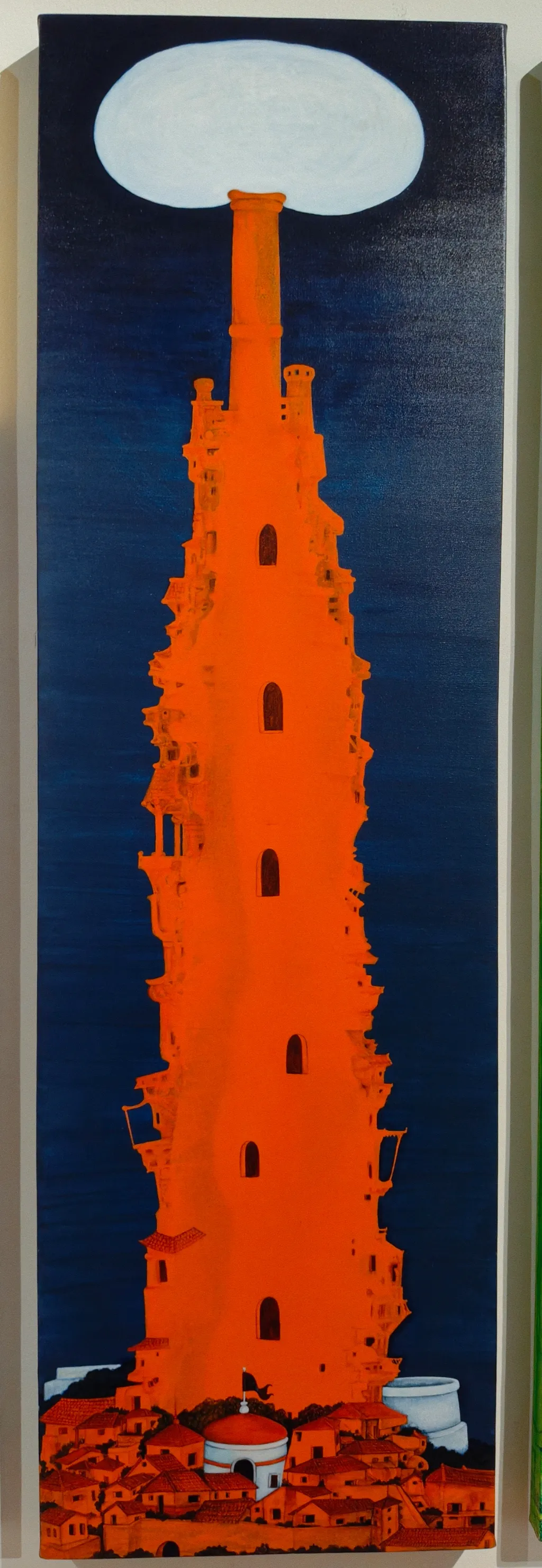 കാലുകുത്താനിടമില്ലാത്ത ഒരിടത്തു നിന്ന് അവളവൾ പടുത്തുയർത്തുന്ന ഈ മിനാരങ്ങൾക്കു തിളക്കമേറും  |   Avalaval Minaram | Acrylic on Canvas | 46x150 cm