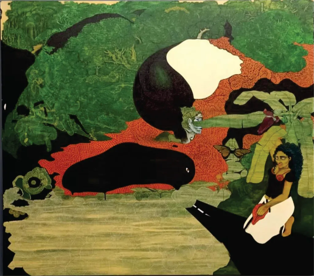 വാഴത്തോപ്പിന്റെ ക്രമീകൃത ജൈവസമൃദ്ധിയുടെ വിളുമ്പിൽ മുട്ടുകുത്തിയിരിക്കുന്ന കാമുകി - കാമുകിയുടെ ഒറ്റമുണ്ടിന്റെ കരയിലേക്ക് കര കവിയുന്ന ടാറിട്ട റോഡോ ടാറിട്ട റോഡിലേക്ക് കര കവിയുന്ന മുണ്ടിന്റെ കരയോ എന്ന് സന്ദേഹമുണ്ടാക്കുന്ന ഈ  ചിത്രത്തിലാണ് ബാധയായി വെളിപ്പെടാവുന്ന  സാംസ്കാരികമായ ഓർമകൾ, മറുഭാഷാ പറയാൻ കെൽപ്പുള്ള പെൺപാരമ്പര്യം എന്നിവയെ ആമി കാണിച്ചു തരുന്നത് |Oru Kamukiyude Pathanam | Acrylic on Canvas | 59x67 Inches | Year: 2016