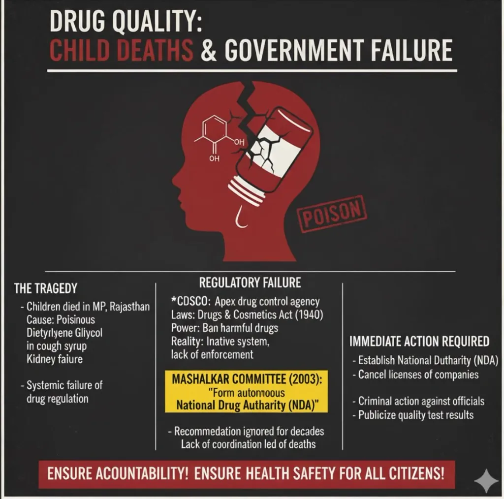 വ്യാജമരുന്നുകളെയും ഗുണനിലവാരം കുറഞ്ഞ മരുന്നുകളെയും കുറിച്ച് പഠിക്കാൻ നിയോഗിച്ച ഡോ. ആർ. എ. മഷേൽക്കർ കമ്മിറ്റി 2003-ൽ സമർപ്പിച്ച റിപ്പോർട്ടിൽ, നിലവിലെ ഔഷധ നിരീക്ഷണ സംവിധാനങ്ങളുടെ തകരാറുകൾ ചൂണ്ടിക്കാണിച്ചിരുന്നു. 