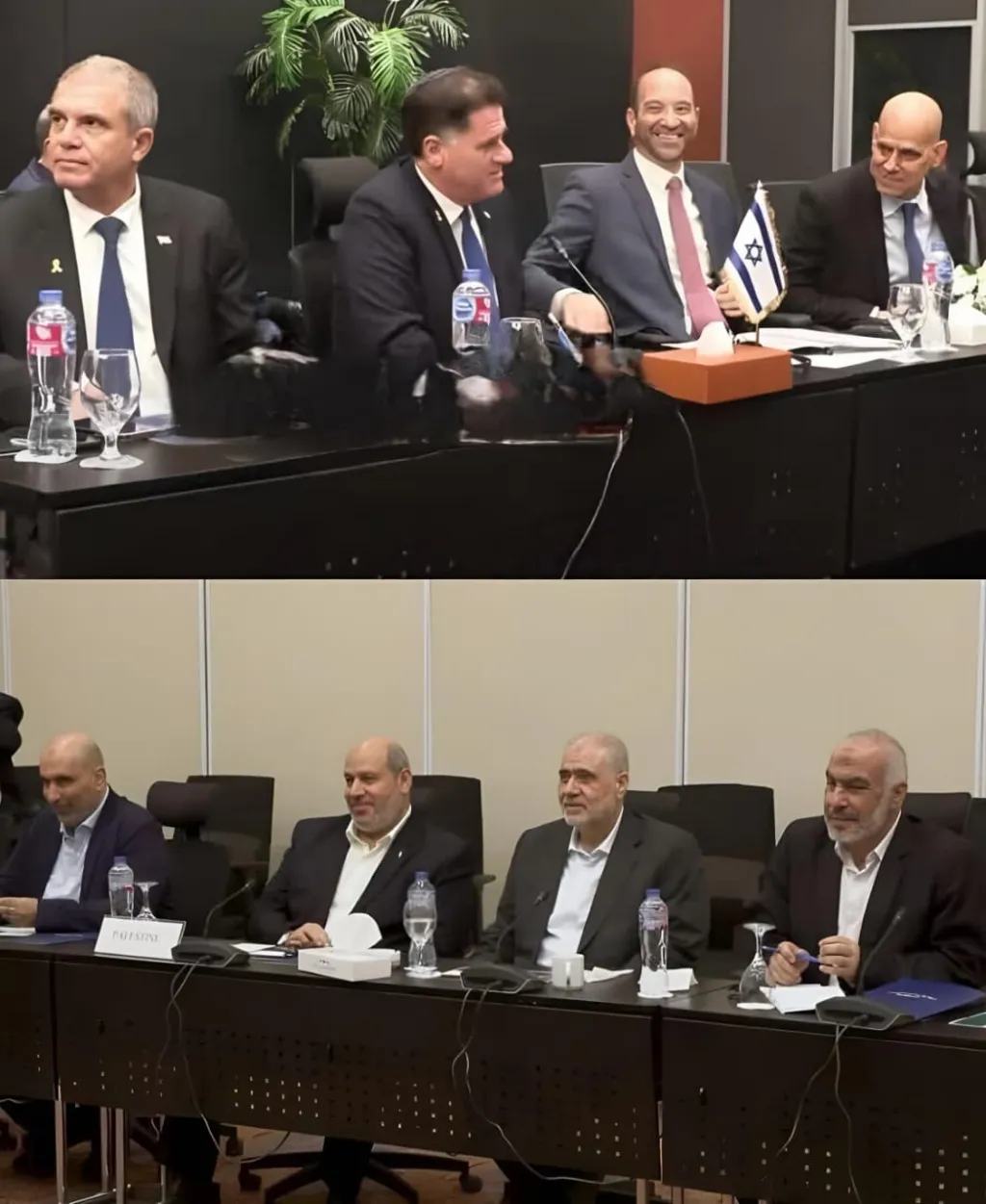 സമാധാന കരാർ ഒപ്പുവെച്ച ശേഷം ഹമാസ്, ഇസ്രായേൽ പ്രതിനിധികൾ.