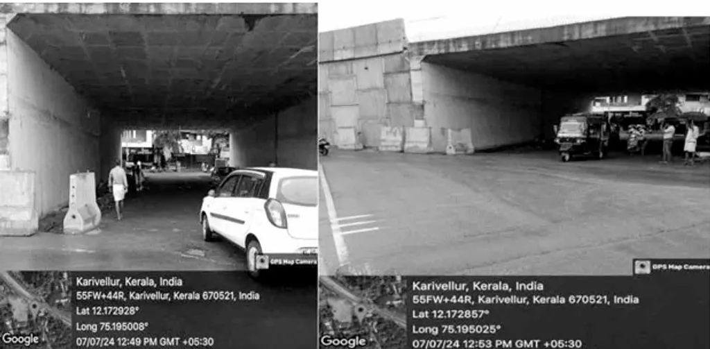 കരി​വെള്ളൂർ ഓണക്കുന്ന് അടിപ്പാതകൾ. കരിവെള്ളൂർ ടൗണിലെ അടിപാതയില്‍ വെള്ളക്കെട്ട് ഉണ്ടാകുന്നു. സർവീസ്റോഡിന് വേണ്ടത്ര വീതിയില്ലാത്തതിനാൽ വാഹനങ്ങൾക്ക് സുഗമമായി തിരിഞ്ഞുപ്രവേശിക്കാൻ ബുദ്ധിമുട്ടുന്നുണ്ട്. ഓണക്കുന്ന് അടിപ്പാതയിലും ഇതേ പ്രശ്നങ്ങളുണ്ട്.