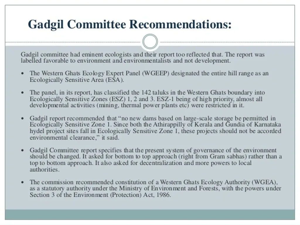 റിപ്പോർട്ട് അതിന്റെ യഥാർത്ഥ രൂപത്തിൽ ഒരിക്കലും നടപ്പിലാക്കപ്പെട്ടില്ല. 2024 ആയപ്പോഴേക്കും ഗാഡ്ഗിൽ ശുപാർശ ചെയ്തതിന്റെ മൂന്നിലൊന്നായി സംരക്ഷിത മേഖലകൾ ചുരുങ്ങി.