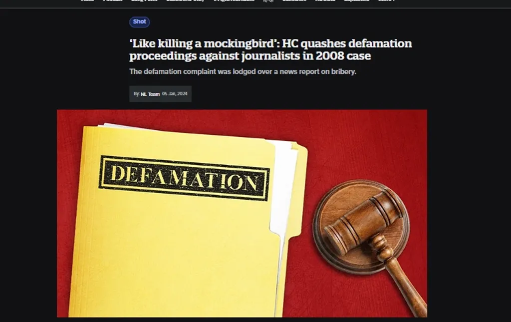 “Like Killing a Mockingbird: HC Quashes Defamation Proceedings Against Journalists in 2008 Case” എന്ന തലക്കെട്ടിൽ ന്യൂസ് ലോൺഡ്രി റിപ്പോർട്ട് ചെയ്ത കേസിൽ (2024), മാധ്യമപ്രവർത്തകർക്കെതിരായ അപകീർത്തി നടപടികൾ റദ്ദാക്കിയതായി പറയുന്നു.