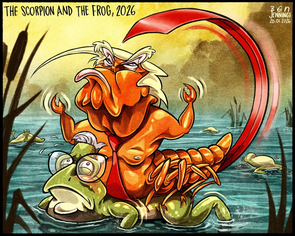 അമേരിക്കയുടെ തന്നെ ആഭ്യന്തര രാഷ്ട്രീയത്തെ, തന്റെ കൂടെ നടക്കുന്നവരെതന്നെ ഏതു നിമിഷവും തിരിഞ്ഞുകൊത്തിയേക്കാം എന്ന് സൂചിപ്പിക്കുന്ന പഴയൊരു നാടോടിക്കഥയുമായി ബന്ധിപ്പിച്ചാണ് ജനുവരി 20-ന് പ്രസിദ്ധീകരിച്ച  കാർട്ടൂൺ ചെയ്തിട്ടുള്ളത്. 