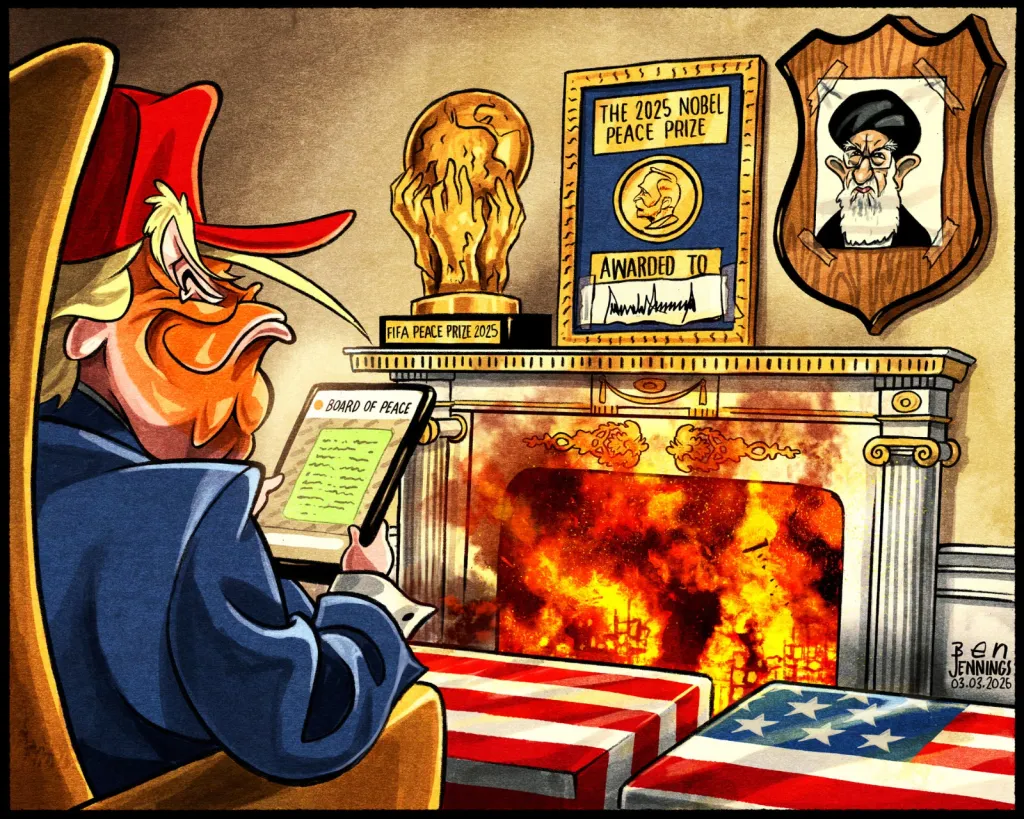 മാർച്ച് രണ്ടിലെ കാർട്ടൂണിൽ സമാധാനത്തിന്റെ മുഖംമൂടിയിട്ട്  യുദ്ധത്തിന്റെ ഭീകരതയെ തീ കാഞ്ഞ് ഫയർപ്ലേസിനുമുന്നിൽ   ആസ്വാദിക്കുന്ന ട്രംപിനെ  കാണാം.