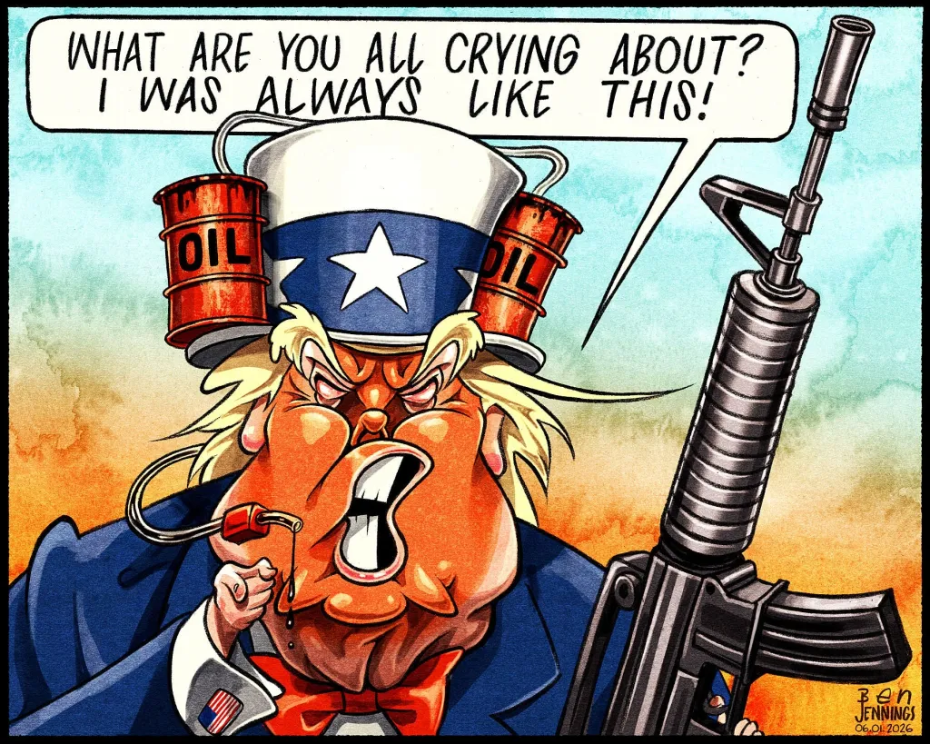 ജനുവരി ആറിനു പ്രസിദ്ധീകരിച്ച കാർട്ടൂണിൽ  ബിയറിന് പകരം എണ്ണനിറച്ച ബാരലുകൾ  (OIL)  ഉള്ള  ബിയർ കുടിക്കാനായി ഉപയോഗിക്കുന്ന ഒരു 'ഡ്രിങ്കിംഗ് ഹാറ്റ്' (Drinking Hat) മാതൃകയിലുള്ള തൊപ്പി ധരിച്ച ക്രൂദ്ധനായ ട്രംപിനെയാണ് കാണാനാകുക.