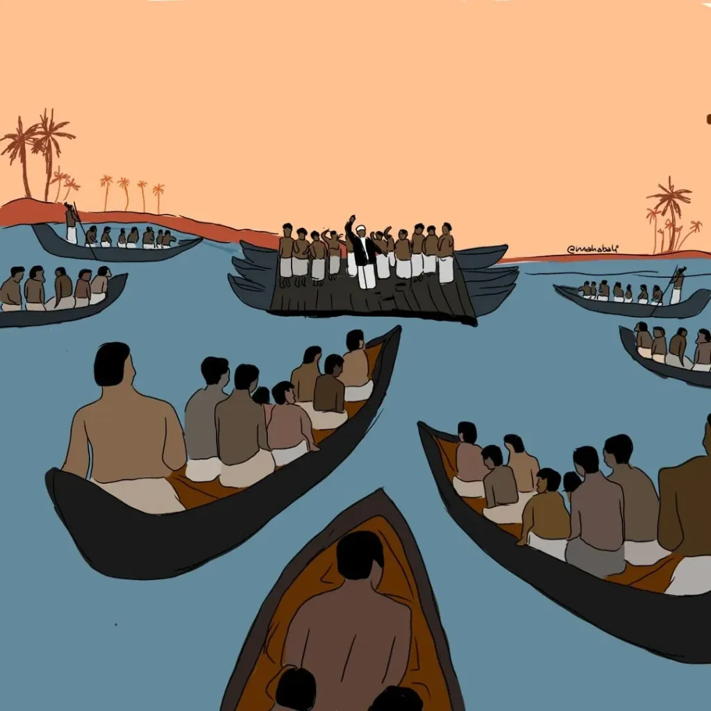 ക്ഷേത്രങ്ങളിലേക്കോ പൊതുസ്ഥലങ്ങളിലേക്കോ പ്രവേശനം മാത്രമല്ല, നിത്യോപയോഗ സാധനങ്ങൾ വാങ്ങുന്നതിനുപോലും കരയിൽ എത്താൻ കഴിയാത്തത്ര രൂക്ഷമായ തീണ്ടലും തൊടീലും നിലനിന്നിരുന്ന കാലഘട്ടത്തിൽ, കായല്‍ സമ്മേളനം തന്നെ ഒരു വലിയ പ്രതിരോധമായി മാറി. | Illustration / bali_mahabali 