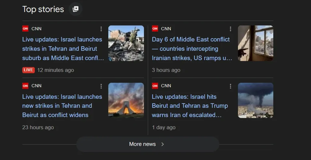 CNN പോലുള്ള പ്ലാറ്റ്ഫോമുകളുടെ ലൈവ് ബ്ലോഗുകൾ സംഘർഷത്തെ തുടർച്ചയായി അപ്ഡേറ്റ് ചെയ്യുന്നതിനാൽ യുദ്ധത്തിന്റെ  ‘തത്സമയ’ ആഖ്യാനം ശക്തിപ്പെടുന്നു. എന്നാൽ ഈ അതിവേഗ അവതരണത്തിൽ ചരിത്രപരമായ വിശകലനം പരിമിതമാണ്. 