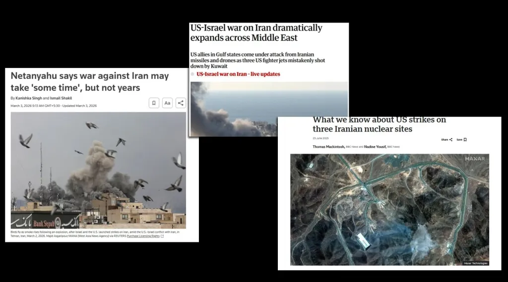 ഇസ്രായേൽ– ഇറാൻ– അമേരിക്ക യുദ്ധത്തെ ആഗോള മാധ്യമങ്ങൾ അവതരിപ്പിക്കുന്നത്, ‘പുതിയ ഘട്ടത്തിലെ നാടകീയ വ്യാപനം’ എന്ന രീതിയിലാണ്. 