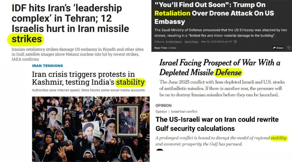 “defense,” “security,” “retaliation,” “support,” “stability,” “counter-strike” തുടങ്ങിയ പദങ്ങൾ തലക്കെട്ടുകളിലും ലീഡ് പാരഗ്രാഫുകളിലും ആവർത്തിക്കപ്പെടുന്നു. ഇത്തരം വാക്കുകൾ അമേരിക്ക– ഇസ്രായേൽ നടപടികളെ നിർബന്ധിതവും നൈതികമായി ന്യായീകരിക്കാവുന്നതുമായ പ്രതികരണമായി അവതരിപ്പിക്കുന്നു. 