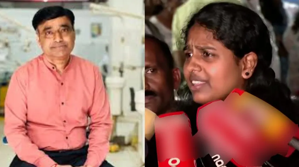 നിതിൻ രാജി​ന്റെ മരണത്തിൽ പ്രതിയായ അഞ്ചരക്കണ്ടി ഡെന്റൽ കോളേജിലെ അധ്യാപകൻ ഡോ. എം.കെ. റാം. നിതിൻ രാജിന്റെ സഹപാഠി മാധ്യമങ്ങളോട് സംസാരിക്കുന്നു (വലത്).