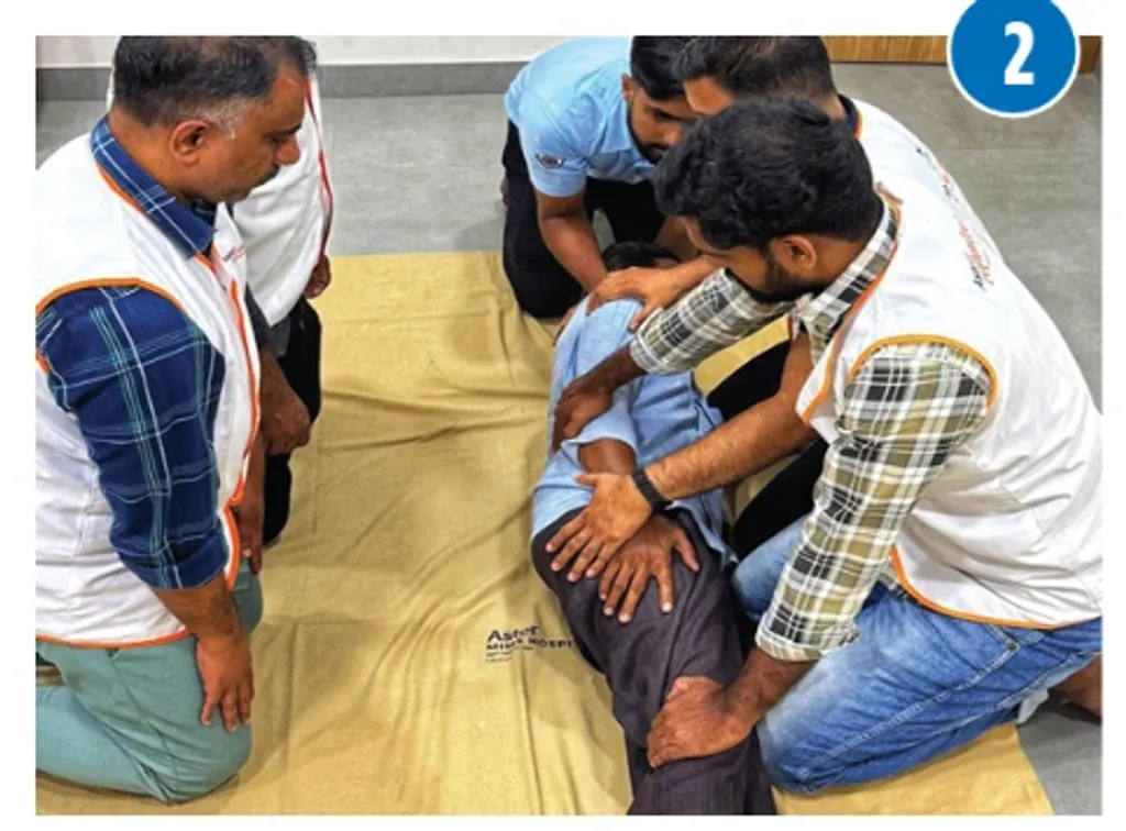 പരിക്കേറ്റയാളെ പതിയെ ചെരിക്കുക. കക്ഷവും ഇടുപ്പും തിരിക്കുന്നത് അനുസരിച്ച് തലയും കാലുകളും തിരിക്കുക. ചെരിഞ്ഞു കിടക്കുന്ന രോഗിയുടെ കീഴ്ഭാഗത്ത് രണ്ടുപേർ സപ്പോർട്ട് നൽകുക.