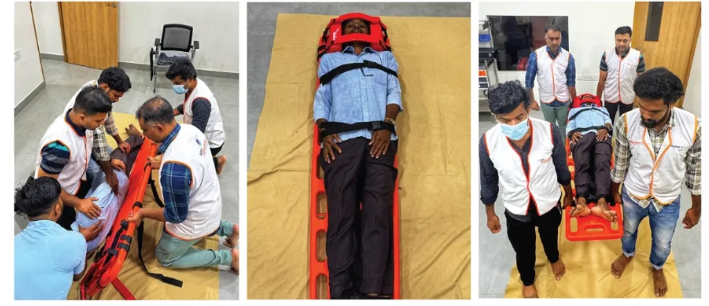 കഴുത്ത്, ദേഹം എന്നിവ ഇളകാതിരിക്കാൻ സ്ട്രാപ്പിടുക. മൂന്നുപേർ ചേർന്ന് പരിക്കേറ്റയാളെ ശരീരം ഇളകാതെ ചെരിച്ച് കിടത്തുക. സ്‌ട്രെച്ചർ ശരീരത്തോട് ചേർത്തുവെക്കുക. പരിക്കേറ്റയാളെ ദേഹം ഇളകാതെ സ്‌ട്രെച്ചറിലേക്ക് കിടത്തുക. സ്‌ട്രെച്ചറിൽ അത്യാഹിത വിഭാഗത്തിലേക്ക് മാറ്റുക.