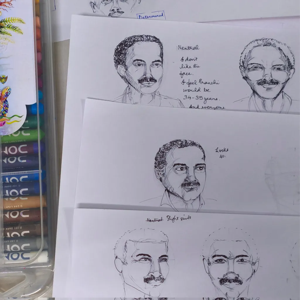 ‘ഒരു കാടരികുകഥ’യിലെ പ്രാഞ്ചിയ്ക്കായി വരച്ച (എന്നാൽ ഒഴിവാക്കിയ) മുഖങ്ങൾ