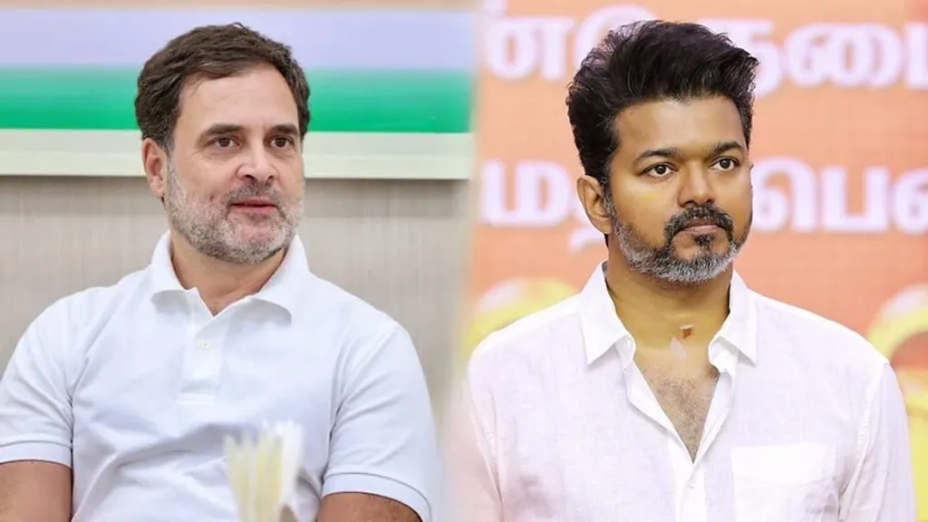 ലോക്സഭാ പ്രതിപക്ഷ നേതാവ് രാഹുൽഗാന്ധി, തമിഴ്നാട് മുഖ്യമന്ത്രി ജോസഫ് വിജയ്. തമിഴ് നാട്ടിൽ ടി.വി.കെ വിജയിച്ചപ്പോൾ കോണ്ഗ്രസ് വളരെ പെട്ടെന്ന് അവരുമായി സഖ്യത്തിലായത് പൊതുവിൽ ഞെട്ടലുണ്ടാക്കിയ സംഭവമാണ്- അതിന്റെ അടിസ്ഥാനകാരണങ്ങൾ ശരിയായിരിന്നുവെങ്കിലും. എന്നാൽ ടി.വി.കെ ഇതുവരെ ഇന്ത്യാ സംഖ്യത്തിന്റെ ഭാഗമായതായി അറിയില്ല. 