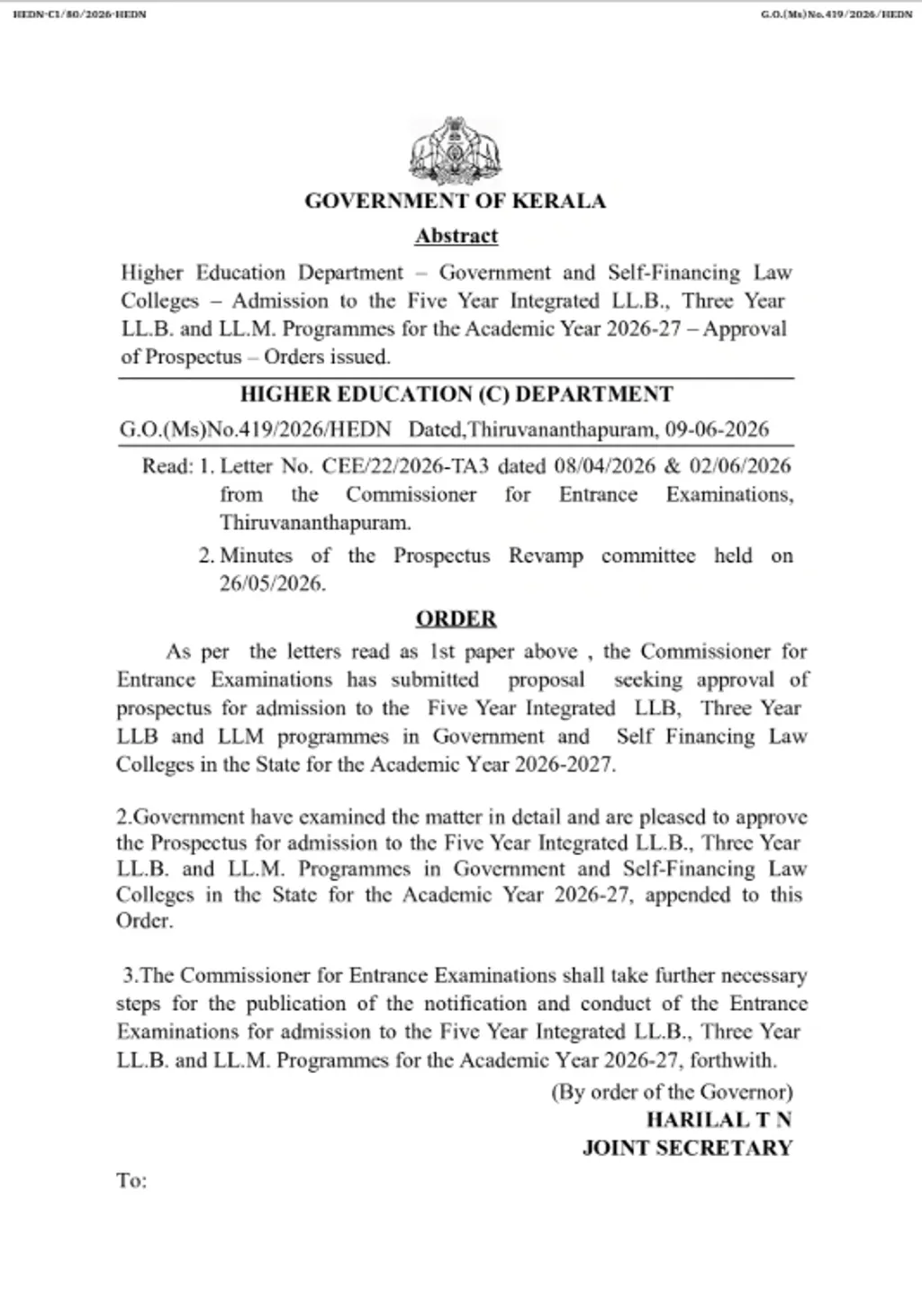 LLB പ്രവേശനത്തിന്റെ പ്രോസ്പെക്റ്റസ്.
