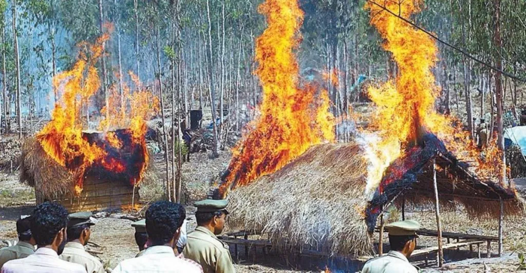 മുത്തങ്ങയിൽ ആദിവാസികൾ കെട്ടിയ കുടിലുകൾക്ക് പൊലീസും ഫോറസ്റ്റ് ഉദ്യോഗസ്ഥരും ചേർന്ന് തീയിട്ടപ്പോൾ / Photo: Ajeeb Komachi