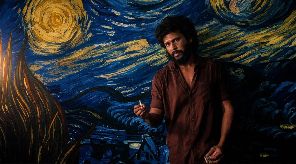 ഉരുകിയൊലിക്കുന്ന ചന്ദ്രയ്ക്കുമുന്നിൽ ദാസുണ്ട്. ദാസിനുപിന്നിൽ വിൻസന്റ് വാൻ ഗോഗാഗിന്റെ The Starry Night. ഉന്മാദച്ചുരങ്ങൾ കയറിവന്നവരുടെ ചേർന്നുനിൽപ്. ദാസിന്റെ ആന്തരികലോകത്തിന്റെ പ്രതിഫലനമാണ് ആ പെയിന്റിംഗ്.