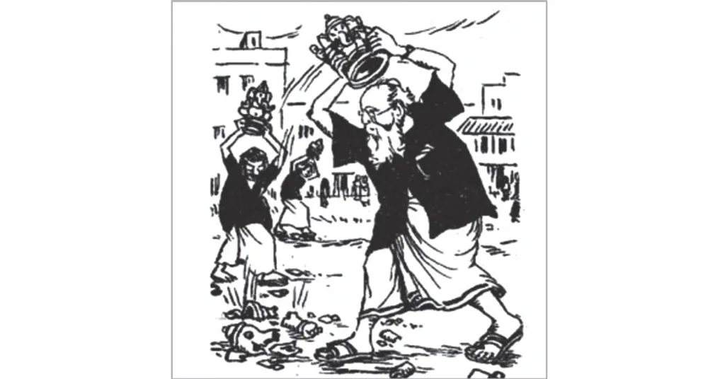 1953 മെയ് 27-ന് പെരിയാർ ഇ.വി. രാമസ്വാമി ഗണപതിയുടെ കളിമൺ 'വിഗ്രഹം' തകർത്ത പ്രതിഷേധം ആസ്പദമാക്കിയുള്ള കാർട്ടൂൺ.