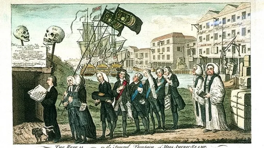 1765-ലെ Stamp Act പിൻവലിക്കണമെന്നാവശ്യപ്പെട്ട് നടന്ന പ്രതിഷേധത്തിന്റെ ഭാഗമായി പുറത്തിറങ്ങിയ ‘The Repeal or the Funeral Procession of Miss Americ-Stamp’ എന്ന പൊളിറ്റിക്കൽ കാർട്ടൂൺ.