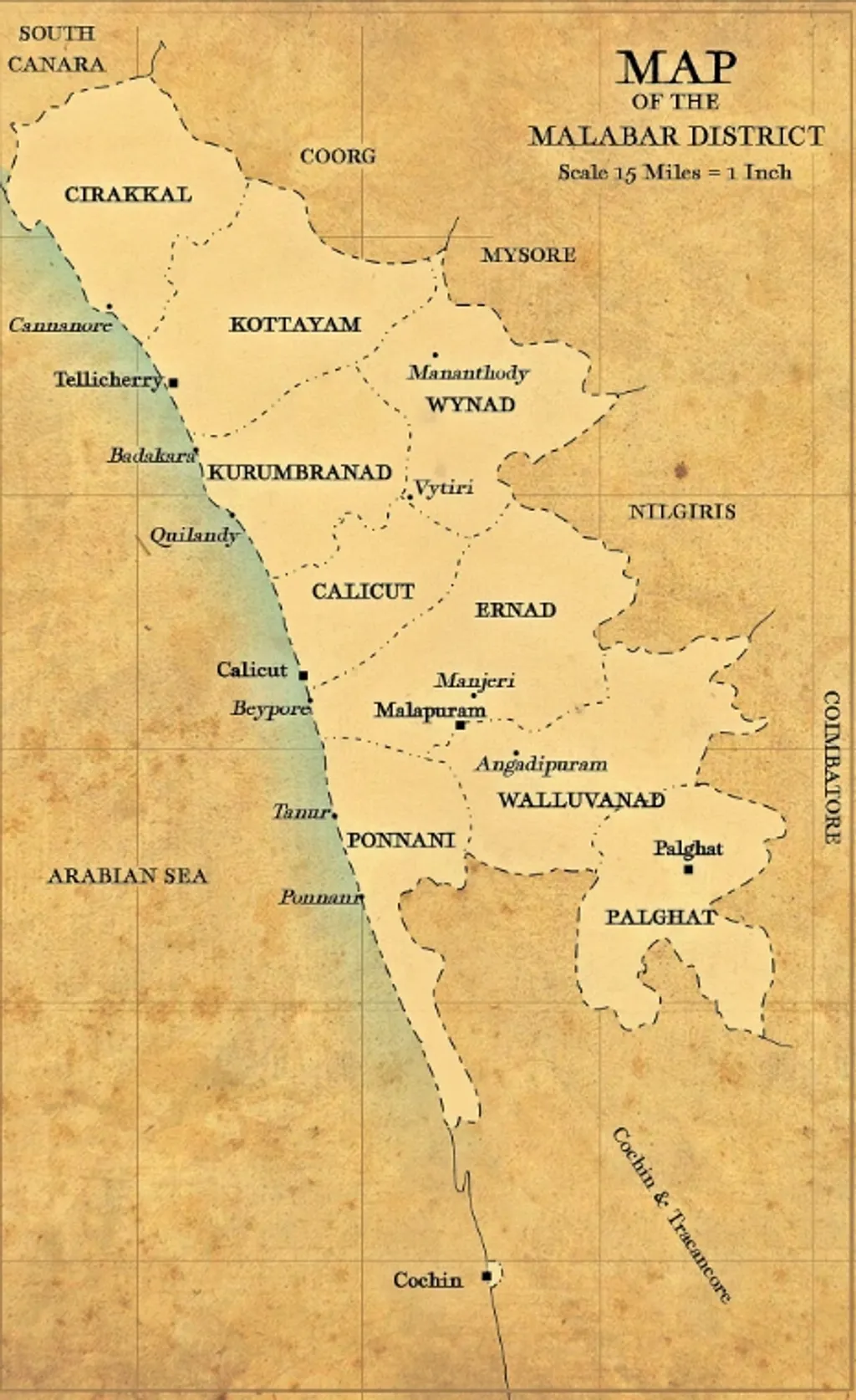 പഴയ മലബാർ ജില്ലയുടെ ഭൂപടം.